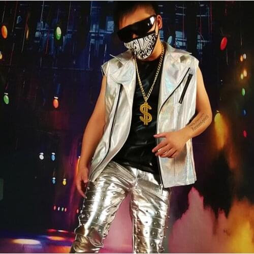 Free Shipping New Personality Fashion Cool Laser Pu Motorcycle Loose Vest Men Wild Style Dj Mc Ds Stage Costume Vests M-5xl