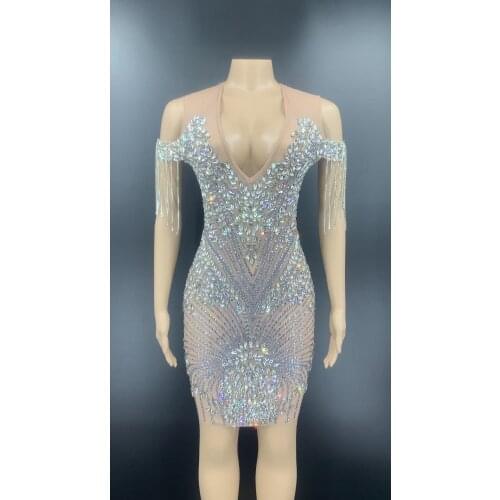 Sparkly Rhinestones Mesh Midi V-neck Dress Bar Birthday Celebrate Dress Stretch Women Dance Singer Performance Costume Dress