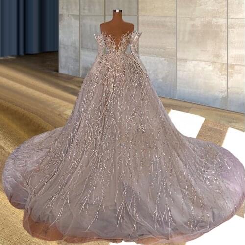 Glitter White robe mariée kleider damen robe longue femme vestido noiva Luxury High Neck Long Sleeves Dubai Wedding Dress