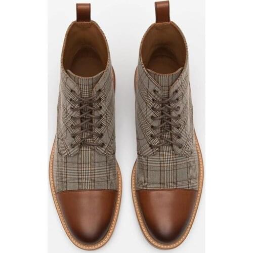 New Men Fashion Retro PU Leather Splicing Lattice Lace Up High Top Boots Business Dress Boots Barber Boots Youth Trend KP318