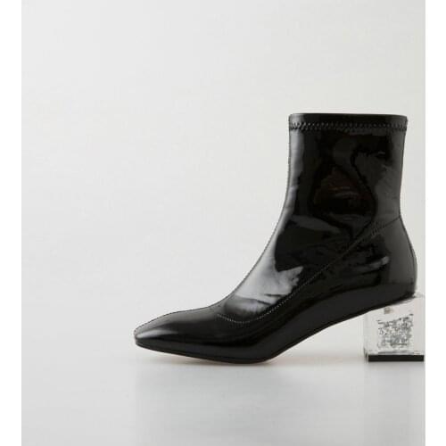 Black white crystal shoes genuine leather wedding womens booties fashion autumn beige zipper pointed toe high heels ankle boots