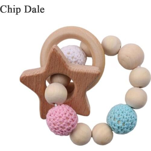 Chip Dale Wooden Teether Crochet Beads Animal Wood Ring Baby Teether Wooden Toys For Baby Rattle