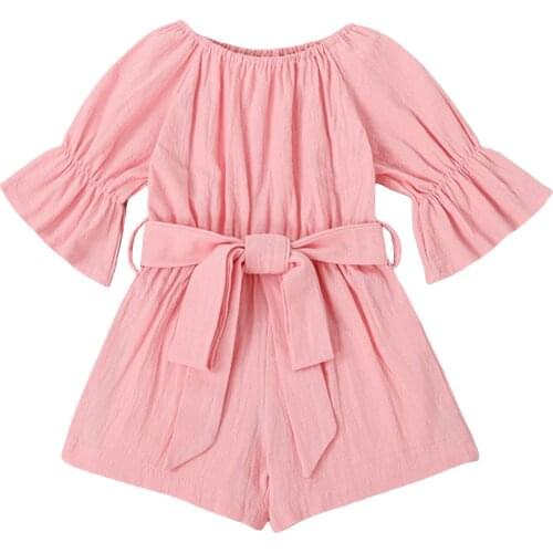 Cotton Casual Kids Girls Jumpsuit Solid Color Boat Neck Short Sleeve Romper with Waist Belt for Girls Toddler Summer Playsuit