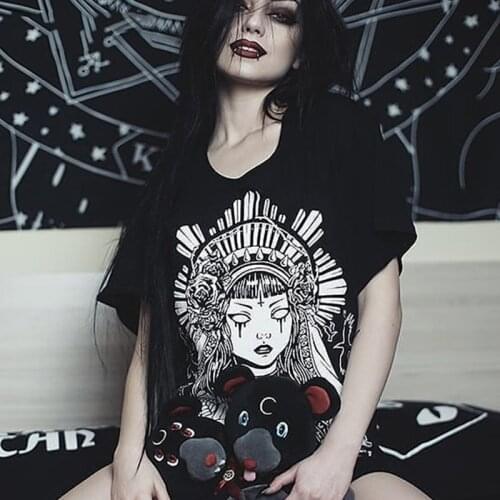 Punk Grunge Black Print T-shirts Gothic Loose Punk Harajuku Streetwear Summer 2021 T-shirt Female Fashion Aesthetic T shirt