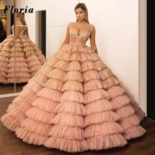 Kaftans 2021 New Arrival Gold Tiered Evening Dresses Dubai Design Ball Gown Women Party Dresses Elegant Arabic Prom Gowns Robes