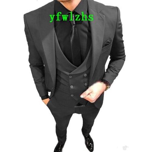 Handsome Groomsmen Notch Lapel Groom Tuxedos Wedding Dress Men Suits Blazer Prom Dinner (Jacket+Pants+Tie+Vest) A627