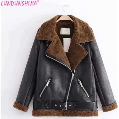 LUNDUNSHIJIA 2019 Warm Plus Teddy Velvet Women Winter Motorcycle Jacket Female Lapels Thick Jacket PU Leather Jackets For Women