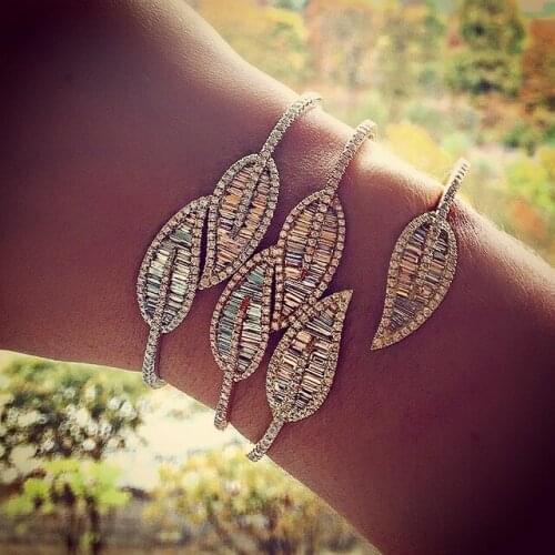 Fashion brand jewelry aaa cubic zirconia leaf feather shape T stone open thin hand cuff Bangle for women party accessories