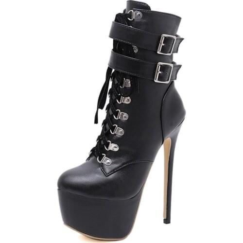 N18 Ladies Shoe Lace-up High Heel Naked Boot Ladies Party Ultra High Heel Slender Waterproof Platform Round Toe Ankle for Ladies