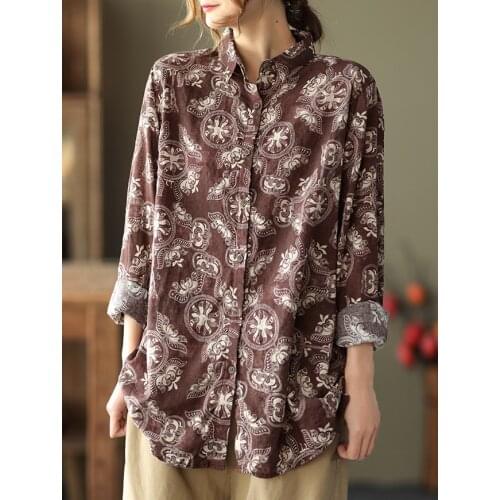 2021 New Style Vintage Printed Cotton Linen Shirts Womens Loose Long-sleeved Lapel Blouse Tops Ladies Spring Cardigan Camisas