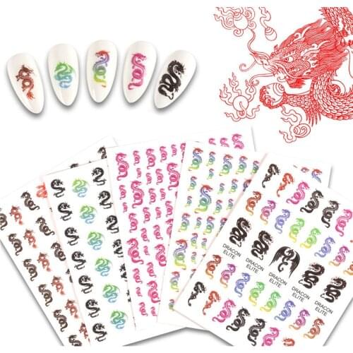 New 3D Nail Art Stickers Decals Red Black Dragons Design Colorful Adhesive Stickers Nail Art Decoration