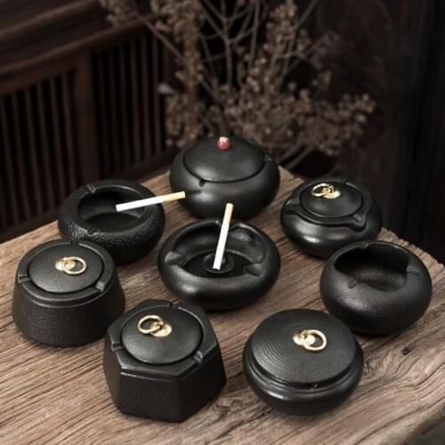 Frosted black pottery ashtray household creative personality ceramic windproof anti-fly ash with cover car large ashtray