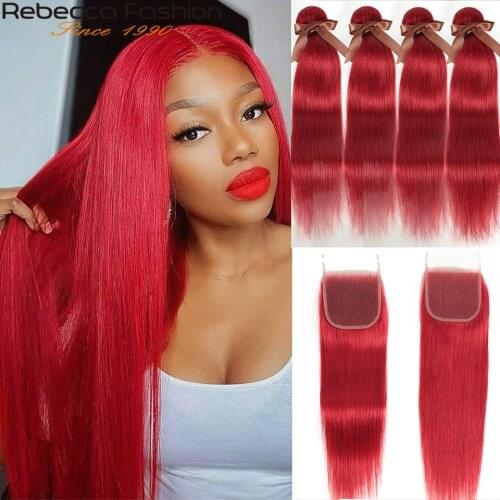 Rebecca Red Straight Blonde Bundles With Closure Brazilian Straight Human Hair Red 3 Bundles With Closure Remy Hair Extensions