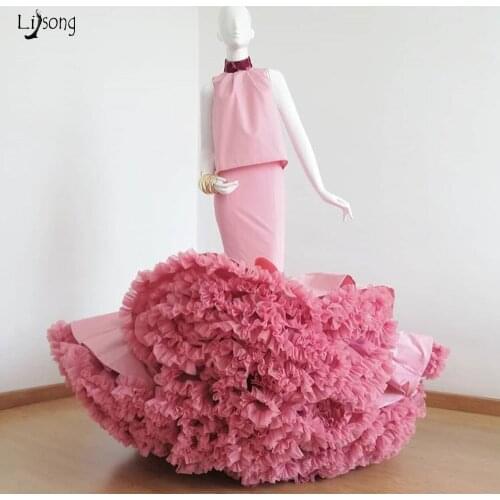 Chic Real Image Pink Mermaid Prom Dresses With Very Lush Ruffles Tulle Bottoms Fashion Long Formal Dresses To Party