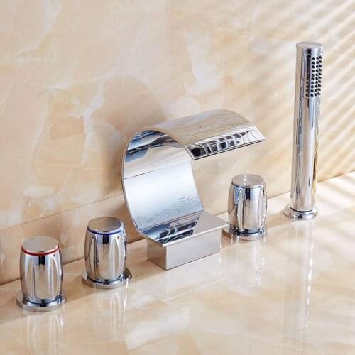 Waterfall Bathtub Faucets Mixer 5 Pcs Spout Tub Sink Mixer Taps Chrome Brass Bathroom Hot and Cold Water Faucet with Handshower