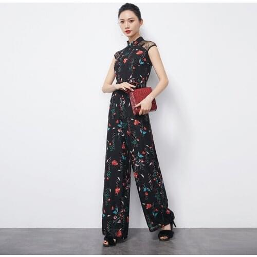 Vintage Jumpsuit Women Summer 2021 Fashion Elegant Wide Leg Print Floral Rompers With Sashes Plus Size WomenS Pantsuit AA5622