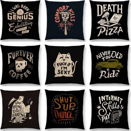 Funny Cartoon Interesting Words Decorative Letters Death Coffee Pizza Watcher Sexy Cat Dance Cushion Cover Sofa Pillow Case