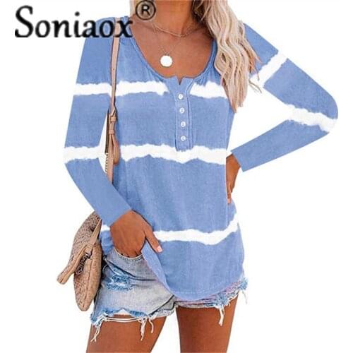Autumn Women Sexy O-Neck Tie-Dye Stripes Print T Shirts Long Sleeve Buttons Loose Pullover T-Shirt Fashion Casual Tops Plus Size