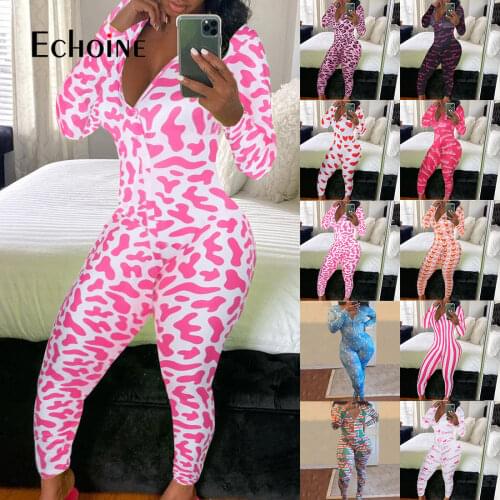 Echoine Womens Sexy printing Home Onesies Jumpsuit Sleepwear long Sleeve V Neck Bodycon Bodysuit Romper trousers pajamas