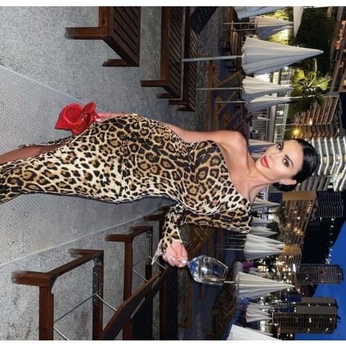 New Women Sexy Deep V Neck Long Sleeve Leopard Cotton Dress 2021 Ladies Elegant Bodycon Evening Club Party Dress Vestido