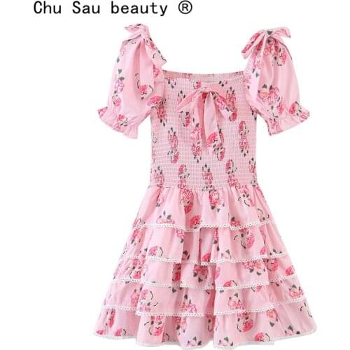 New Fashion Sweet Chic Floral Printed Pink Mini Dress Women Summer Pastoral Style Lace Patchwork Layered Ruffles Dresses Female
