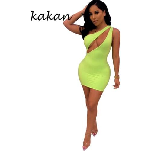 Kakan summer new womens dress solid color hollow sleeveless shoulder dress sexy nightclub dress