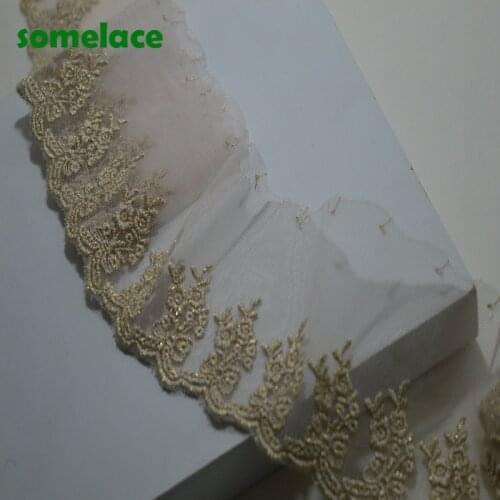 2Yds/lot,5Yds/lot)Transparent gauze gold floral embroidery lace Hight quality lace fabrics embroidered lace Somelace19030103