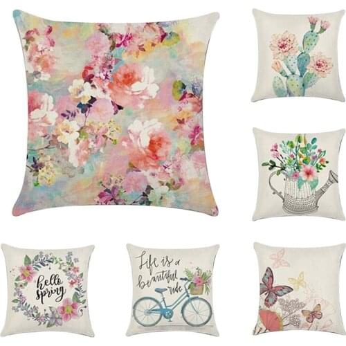 6 PCS Spring Flower Butterfly Pillowcase Linen Pillow Cover Home Decor Square Cushion Cover Printing Pillow Case-ABUX