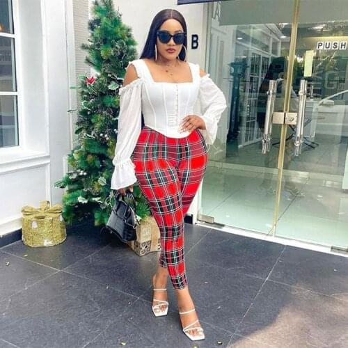 TNNAOFF Aesthetic Plaid Ankle Length Pants for Women Sexy Elastic Waist Bodycon Trousers Office Lady Overalls Pencil Pants