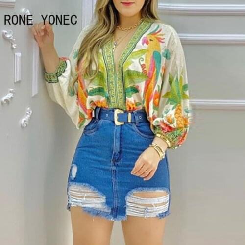 Women Shirt ElegantBird Tropical Print Batwing Sleeve Top Long Sleeve Shirt Women Blouse