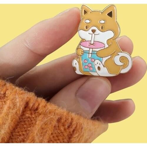 Bubble Tea Dog Enamel Pins Cartoon Akita Puppy Boba Milk Tea Drink Food Jewelry Brooches Animal Lovers Badges Lapel pins