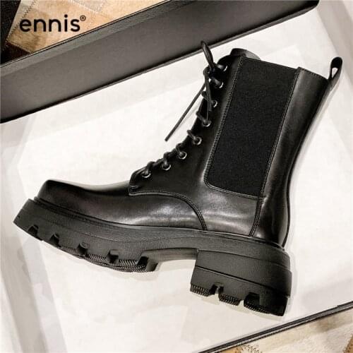ENNIS Brand Genuine Leather Martin Boots Chunky Platform Boots Women Boots Black Shoes Motorcycle Autumn Winter Lace Up New A29A