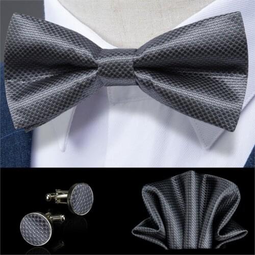 Gray Solid Butterfly Silk Self Bowtie For Men Wedding Bowtie Hanky Cufflinks Set Neckwear Men Tie DiBanGu New Designer JM-105