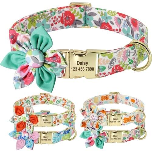 Personalized Dog Collar Custom Pet Tag Collar with Flower Puppy Nameplate ID Collar For Small Medium Large Big Dogs Engraved