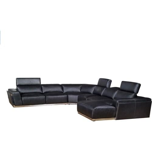Living room Sofa set u shape corner genuine leather couch Nordic with stainless steel decration and functional headrests muebles