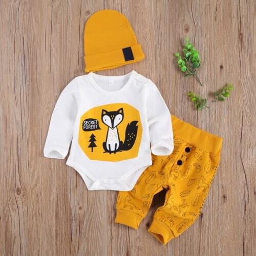 Newborn Baby 3-piece Outfit Set Cartoon Fox Print Bodysuit+Pants+Hat Set for Kids Boys Spring Autumn