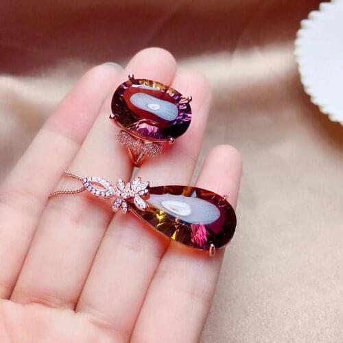 Purple yellow ametrine ring and necklace jewelry set 925 sterling silver big size good cut free shipping birthday party gift