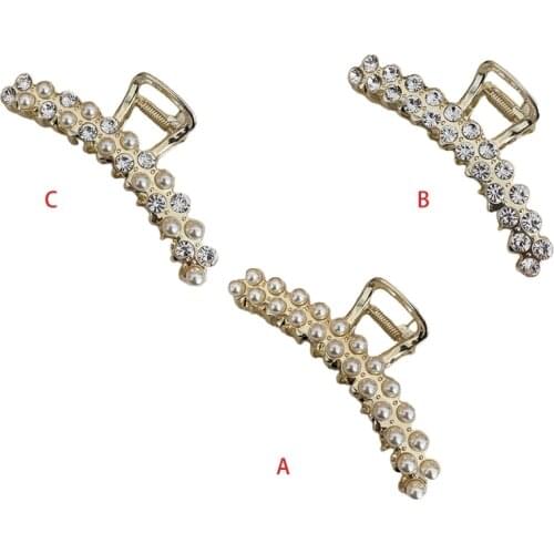 Korean Style Women Metal Golden Hair Claw Clips Faux Pearl Rhinestone Embellished Jaw Clamp Barrette Jewelry Elegant Styling Hai