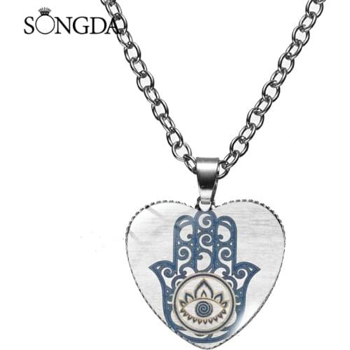Judaica Hamsa Hearts Flowers Heart Shape Glass Dome Pendant Necklace Faith Choker Chain Cabochon Necklace For Man Women Jewelry