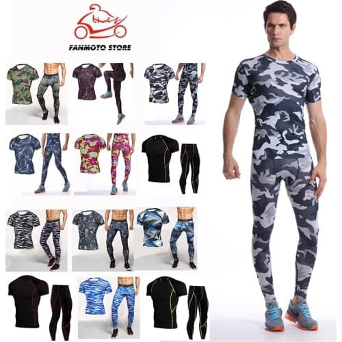 Mens motorcycle Sets fitness Jogging Compression Sports Suits Camouflage Short Sleeve Shirt+Pants Sets MMA T-shirt tracksuit