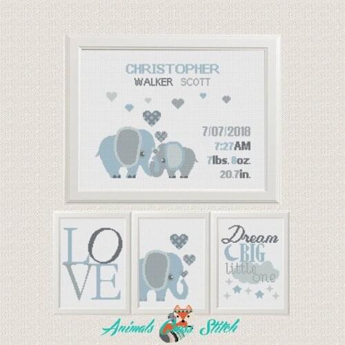 2021 Drop Shipping Embroidery Birth Announcement Cross Stitch Kit Elephant with 100% Cotton Floss &Free Shipping for Wall Decor
