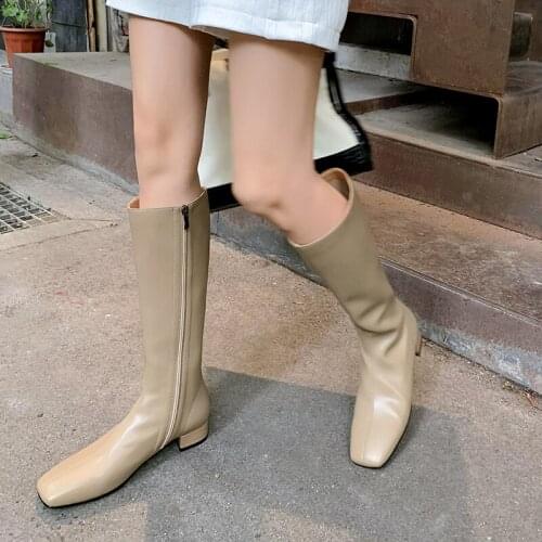 2021 New Roman Winter Square-toed Riding Equestrian Boots Knee-High Genuine Leather Cowhide Stretch Woman Shoes Sexy