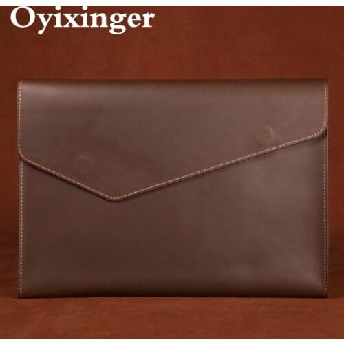 OYIXINGER Genuine Leather Laptop Sleeve Envelope Sleeve Bags For 13.3 Inch Macbook Lenovo Hp Unisex Crazy Horse Office Clutch