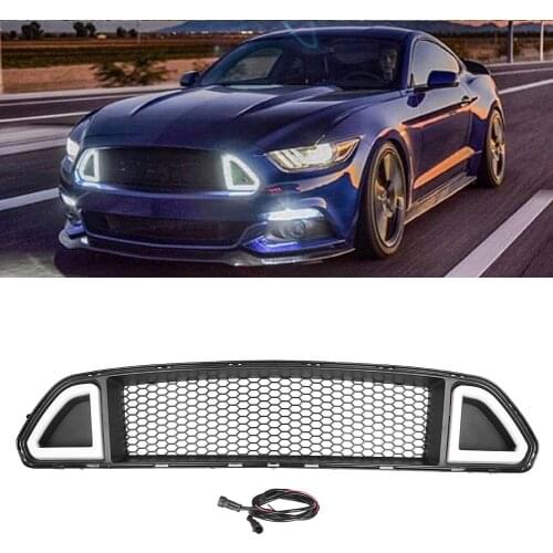 Car Front Grille w/ LED Light Lamp For Ford Mustang 2015 2016 2017 Center Mesh Grill Replacement ABS Plastic
