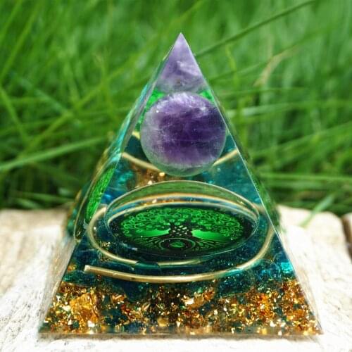 Handmade Orgonite Pyramid 60mm Tree of Life Amethyst Crystal Sphere HEALING Cristal Reiki Orgone Pyramid Chakra EMF Protection