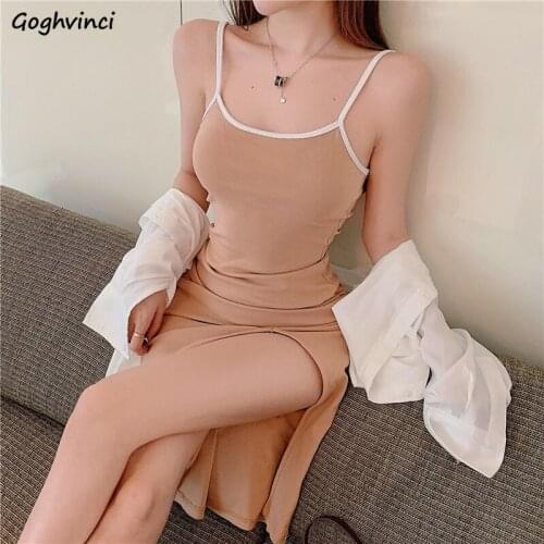 Dress Women Hot Slim High Slit Backless Sexy Egirl 3-colors All-match European Bodycon Female Camisole Mid-calf Daily Stretchy