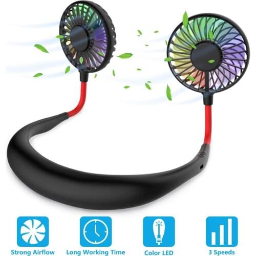 Mini Portable Hanging Neckband Fan USB Rechargeable Double Fans Air Cooler Conditioner Colorful Electric Desk Fan For Room