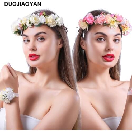 DUOJIAOYAN Artificial Flower Wreath Crown with Wrist flower Floral Wedding Garland Headband Wrist Band Set For Bridal Girls