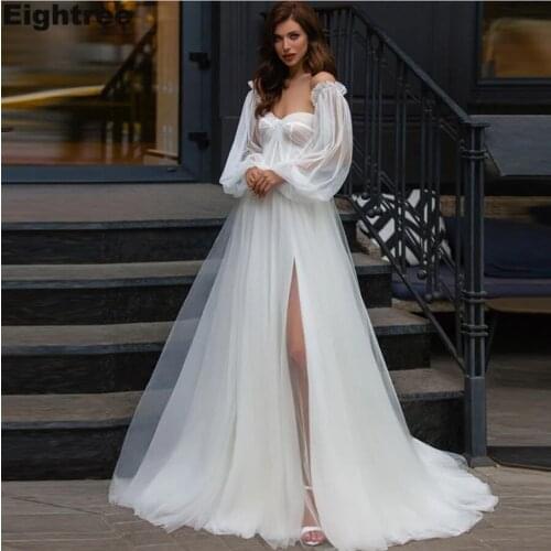 Split Boho Wedding Dresses with Detachable Puff Sleeves Beach A-Line Tulle Wedding Gowns Sweetheart Vestidos De Novia