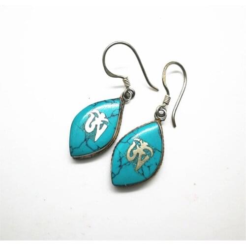 Tibetan Earring OM Wisdom Eye Charms 925 Silver inlaid Turquoise Earrings E096